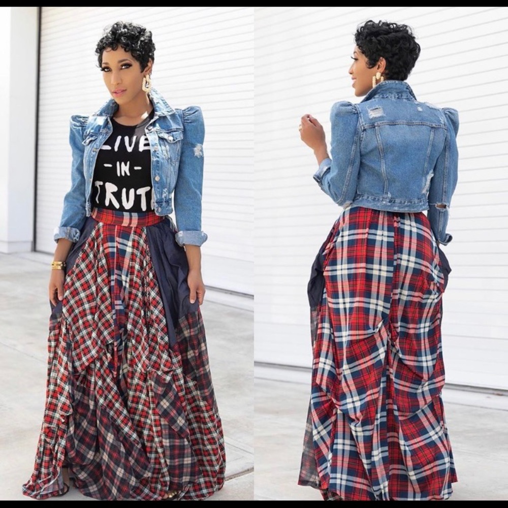 Denim Plaid Distressed Maxi Skirt